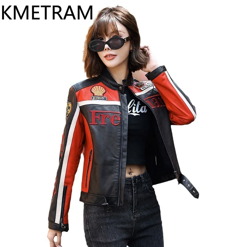 سترة نسائية من جلد الغنم لعام 100% سترات قصيرة من الجلد الطبيعي للدراجات النارية جديدة في ملابس خارجية ملابس خريف 2025 للسيدات
