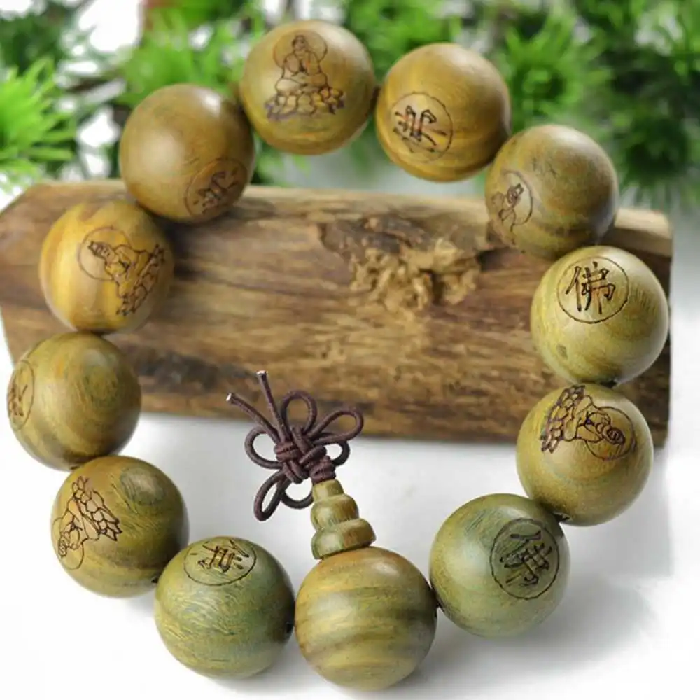 10mm Natural green sandalwood carved buddha's bracelet Bless Yoga Gift Seven Chakras Calming Diy Restore Spirituality Men