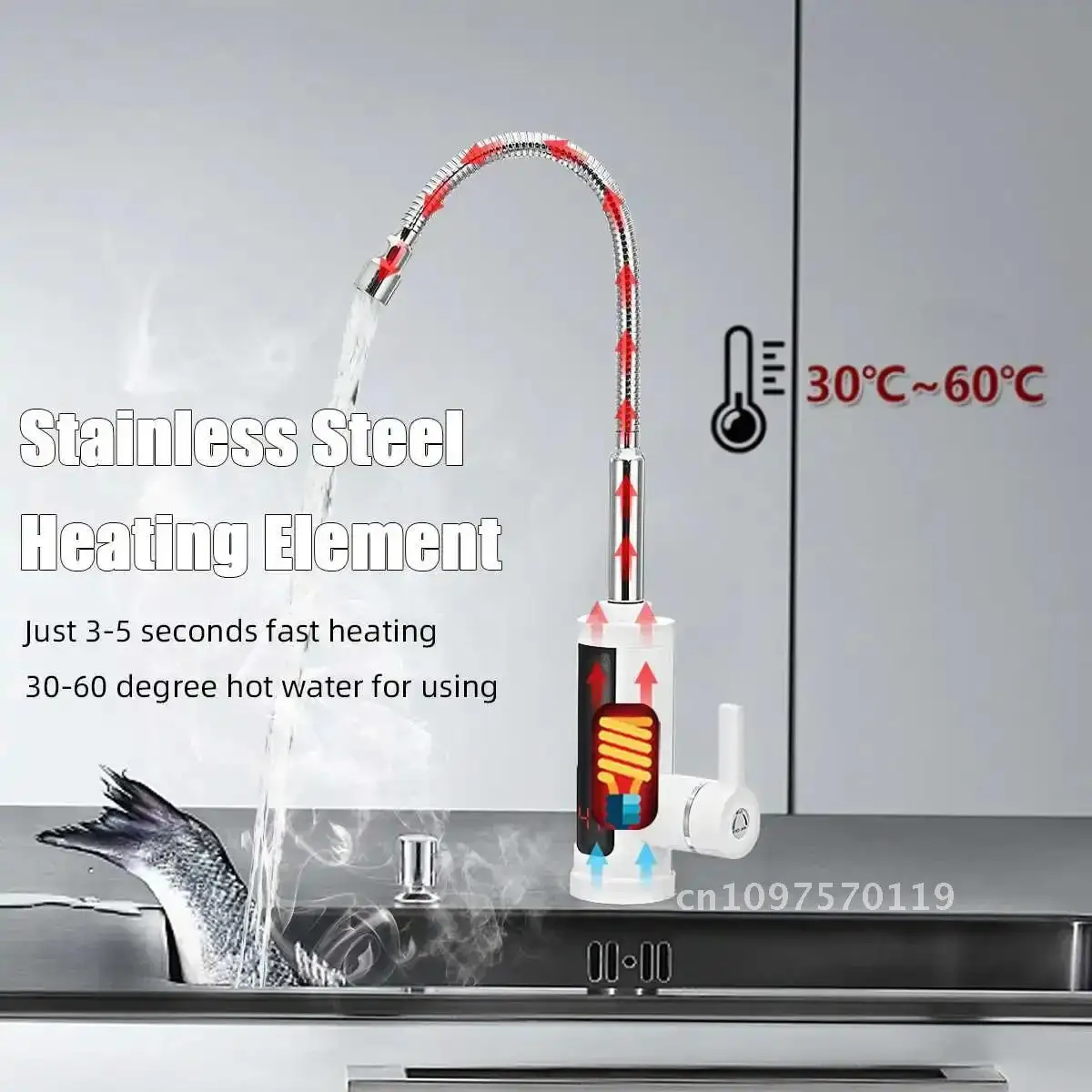 3000W 220V Heater Kitchen Flow Water Electric Tap Instant Hot Tankless Heater Heater Water with LED Faucet Water Heating Cold