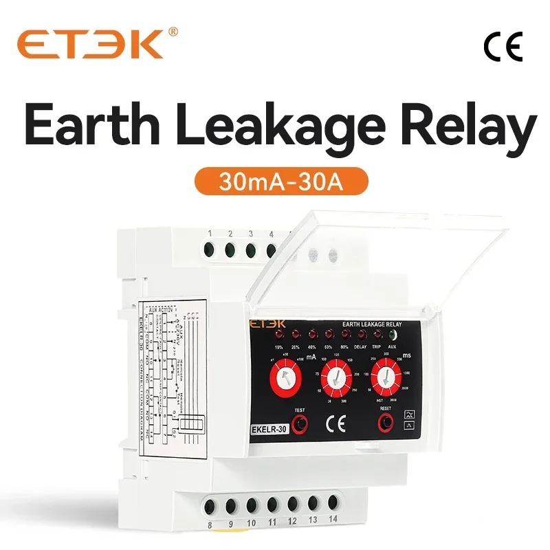 

ETEK Earth Leakage Relay Adjustable Current Fault Protection AC Delay 30mA 30A 230V EKELR-30