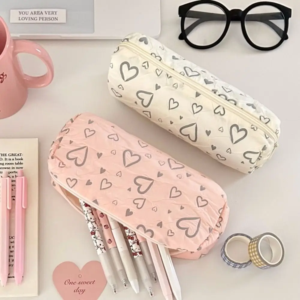 INS Love Heart Print Pattern Pen Bag Large Capacity Pencil Case Stationery Organizer Storage Bag for School Office Students Gift