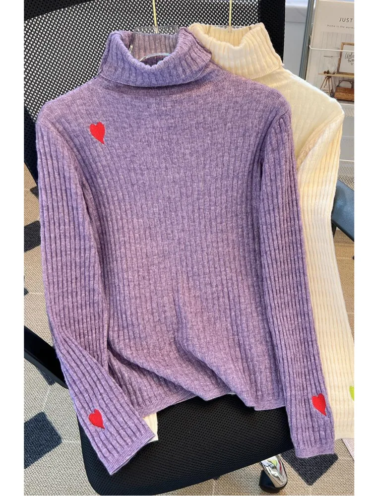 

Love Embroidery Purple Sweater Women Autumn Winter Thicke 2022 Solid Turtleneck Inner Pullover Jumpers Female Basic Knitted Top