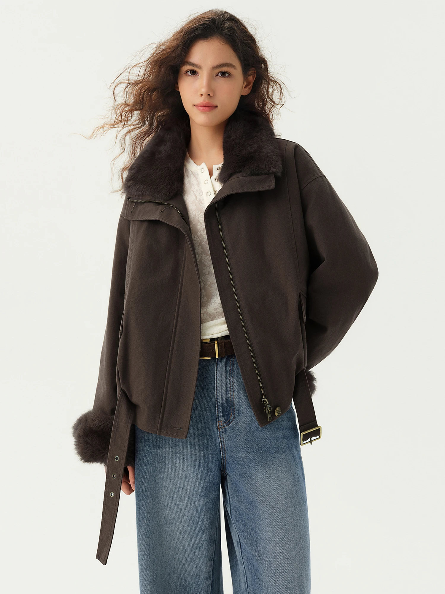 DUSHU Brown Short Parka Down Jacket Women Rabbit Hair Fur Collar Winter Warm Coat American Retro Cotton Linen White Duck Down