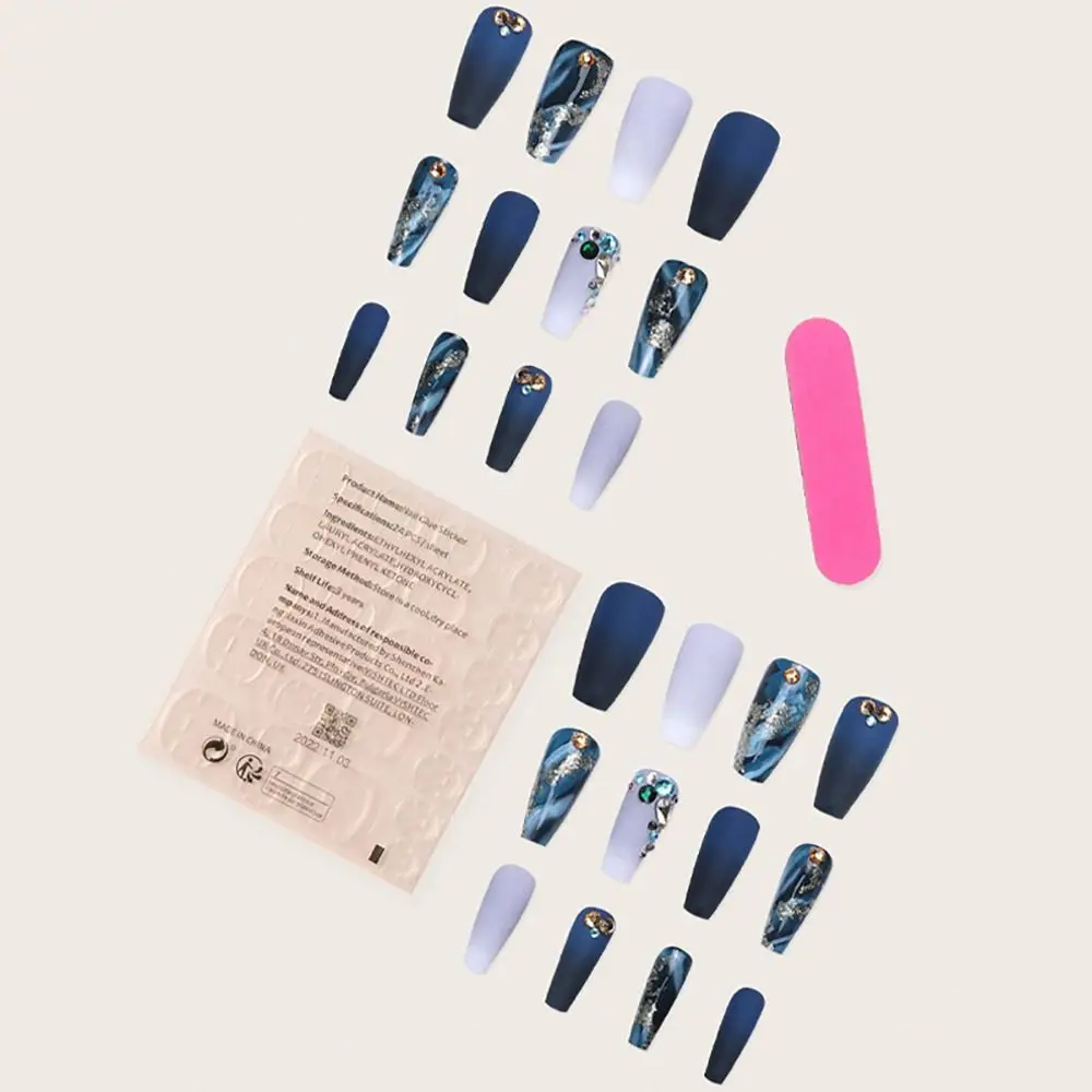 Manicure Nail Tips DIY Full Cover Wearable Fake Nails Flash Fingernails Dark Blue Diamond Foil Gold Powder