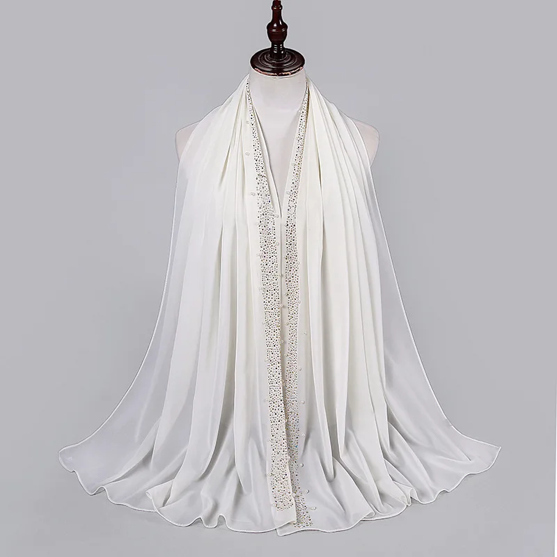 72*175 CM Een Nieuwe Maleisische Etnische Parel Chiffon Hoofddoek met Een Enkele Kleur en Een Moslim Mode Reliëf diamant Hoofddoek