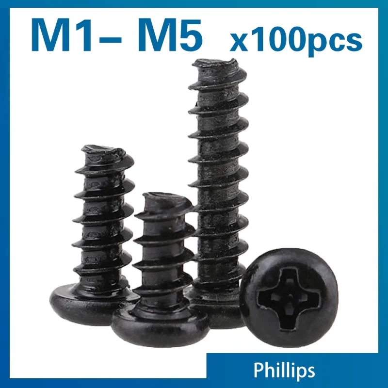 100pcs/lot Cross Recessed Pan Head Self-tapping Screw M1 M1.2 M1.4 M1.7 M2 M2.3 M2.6 M3 M3.5 M 4 M5 Black Carbon Steel Phillips