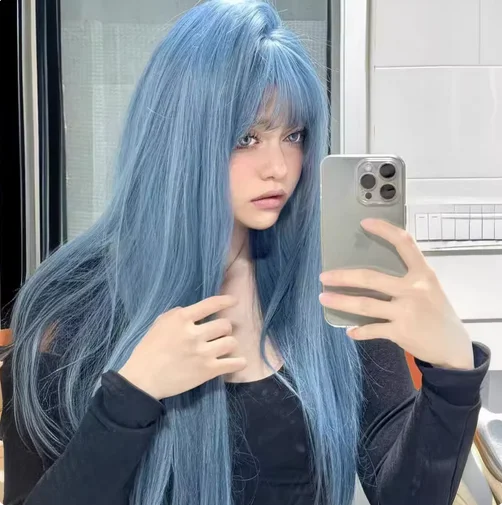 Peruca sintética azul feminina, cabelo longo naturalmente branco, conjunto de cabeça completa, franja de ar, cabelo longo e reto, resistente ao calor, peruca cosplay