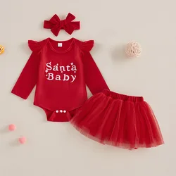 Baby Girls Christmas Day Clothes Set 0-18M Newborn Bodysuit 3PCS Suit Toddler Fashion Jumpsuit Mesh Skirt With Headband Outfit