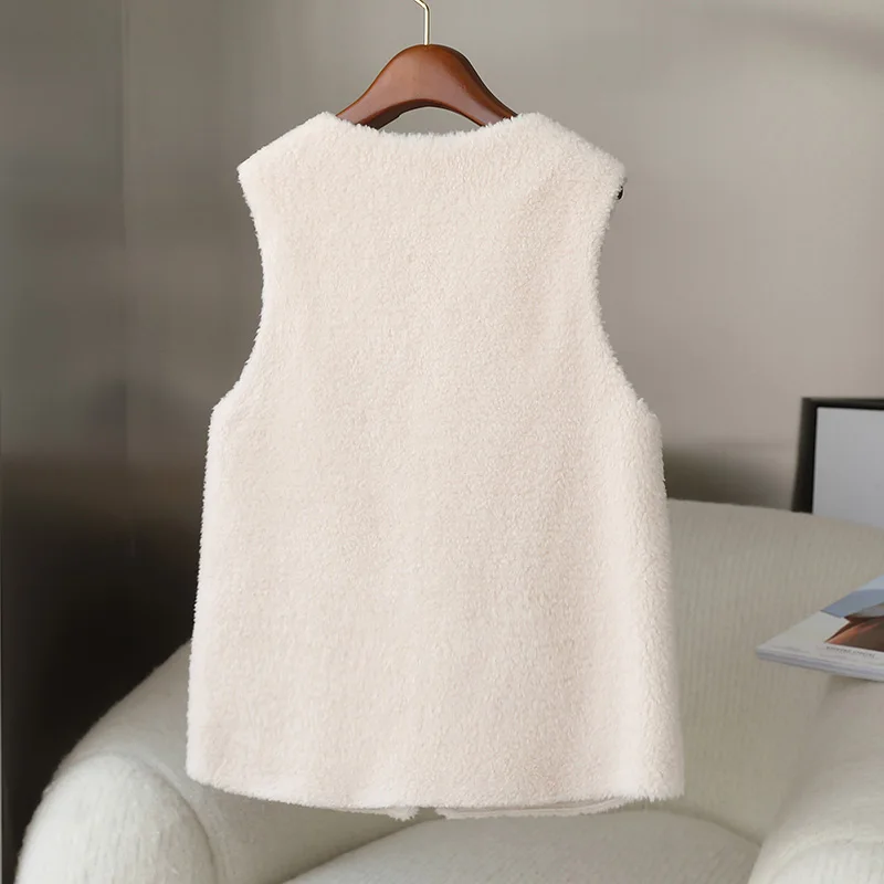 2022 Autumn Winter Women's V-neck Warm Natural Lamb Fur Vest Tank Sheep Fur Sleeveless Tops Female Real Sheep Fur Waistcoat