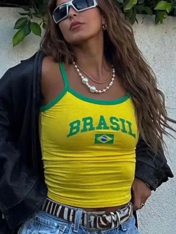 Y2K Damen ärmelloses Cami-Top mit Brasilien-Flaggen-Print, grünem Besatz, Spaghettiträgern, schmaler Passform, bauchfreies Tanktop für Sommer, Freizeit und Sport