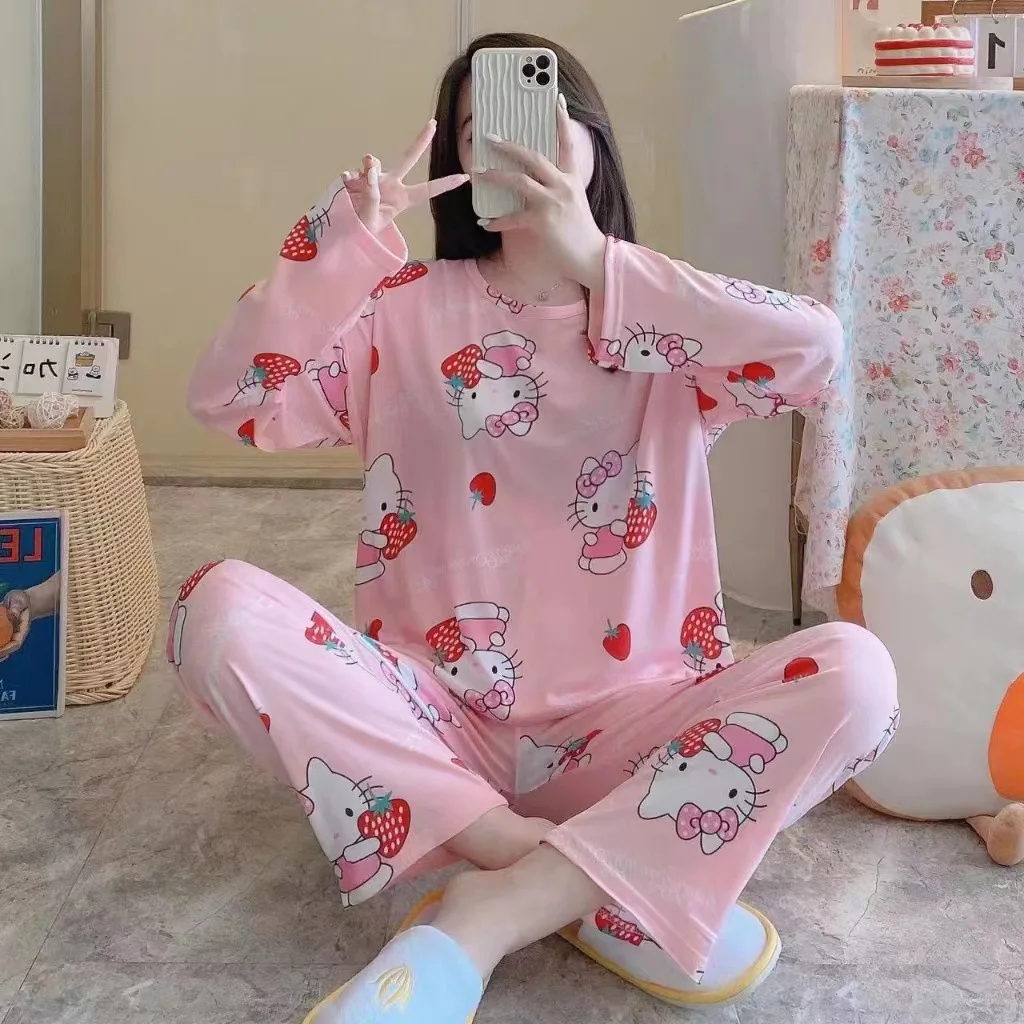 Conjunto de pijama Kuromi Cinnamoroll para mujer, ropa de dormir con estampado completo de dibujos animados, pantalones finos de manga larga, ropa de casa Kawaii, 2 uds.