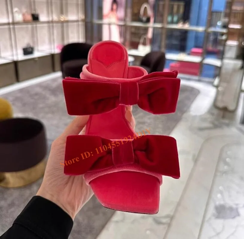 

Red Velvet Double Bow Tie Knot Slip On 6 and 8Cm Heeled High Heel Mules Women Stilettos Pumps Bowties Slide Sandals Women Shoes