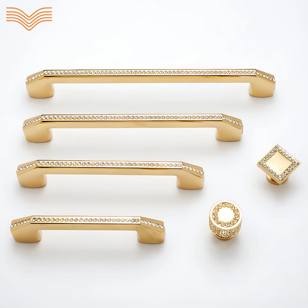 Bright Gold French Light Luxury Rhinestone Crystal Pulls Modern Minimalist Wardrobe Handles Premium Small Single Hole Knobs Draw