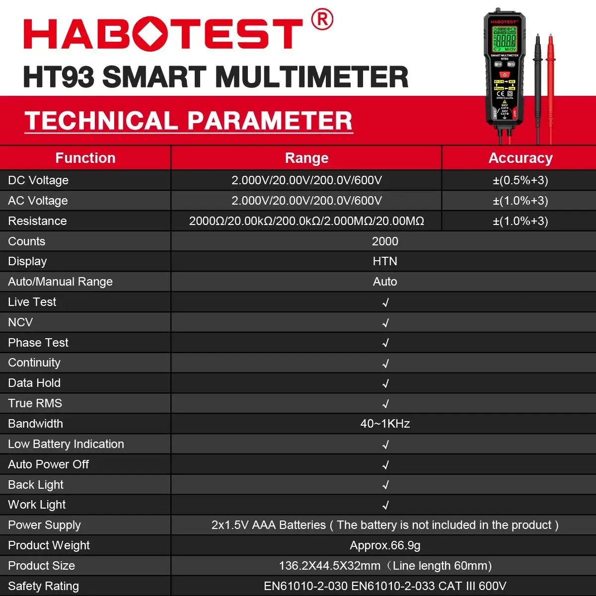 HABOTEST HT93 Digitales Multimeter Spannungsprüfer 2000 Messungen AC/DC Voltmeter True RMS NCV Phasentest Auto-Range Multimeter – Detail 4