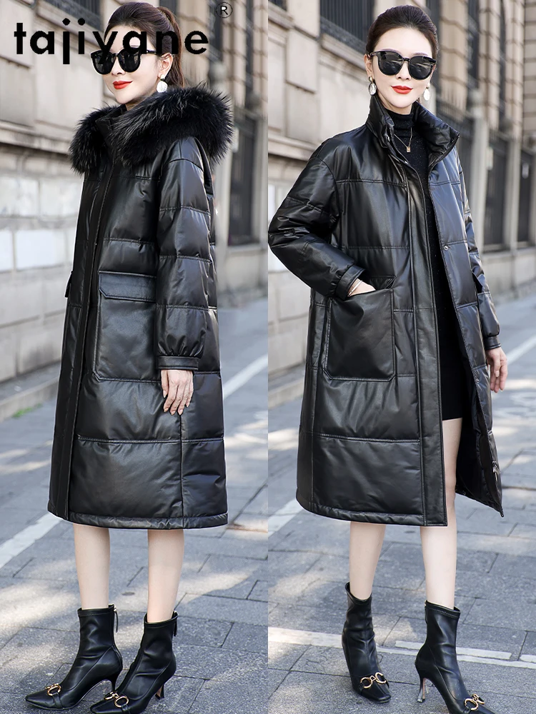 TAJIYANE 100% جلد البقر أوزة أسفل معطف مقنع أسود طويل الجلد الحقيقي سترة منفوخة النساء الراكون الفراء طوق ملابس الشتاء 2025 #4
