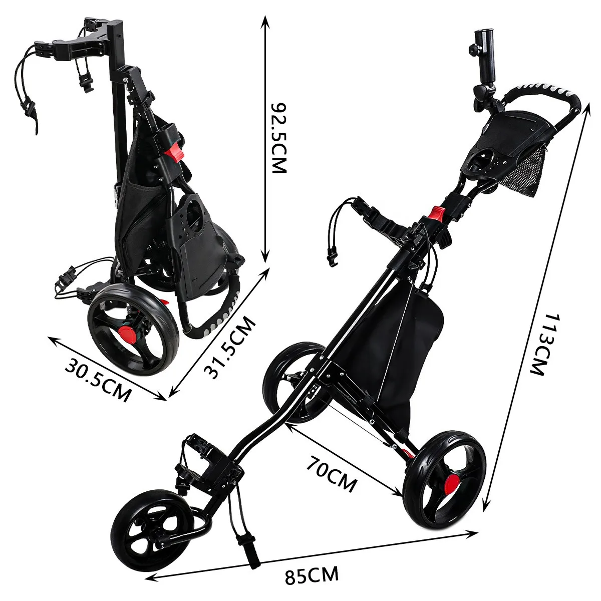 3 Wheel Foldable Golf Bag Carrier Handcart, Plastic Portable Push Pull Cart 20kg, Golf Course Supplies Trolley Caddy Transporter