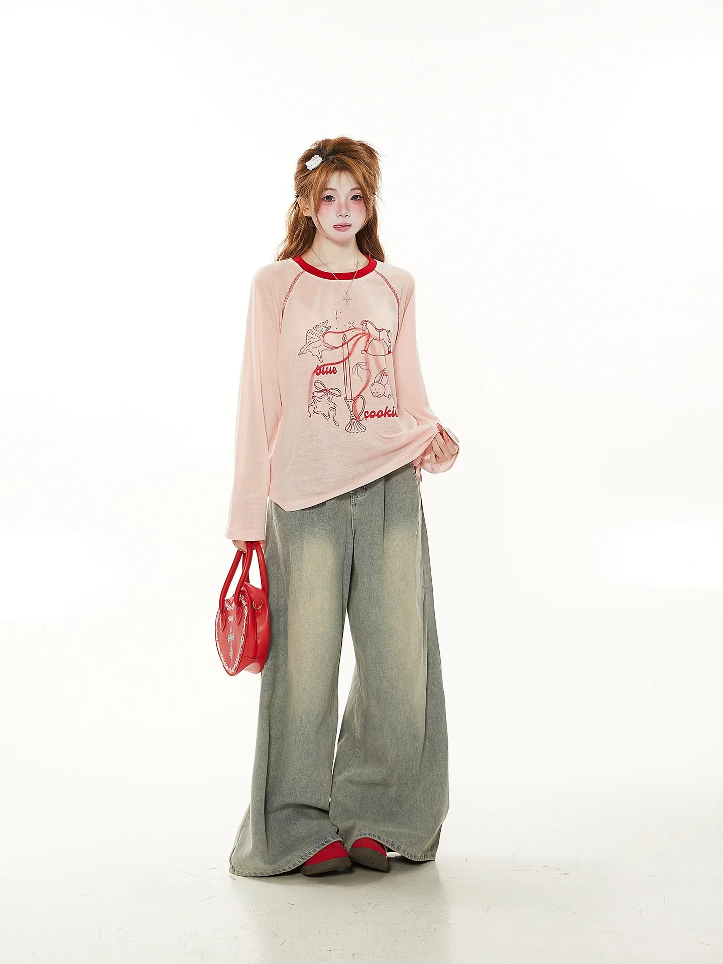 Dopamine Pink Unique Drawstring Cartoon round Neck Long Sleeve T-Shirt Women Spring Autumn Semi-Transparent Cute Cover up