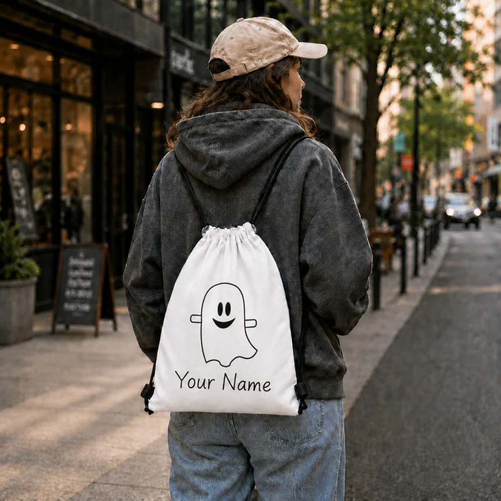 Personalized Cute Ghost Drawstring Backpack Custom Name Kids Halloween Candy Bag Children Trick Or Treat Sack Halloween Gift Bag