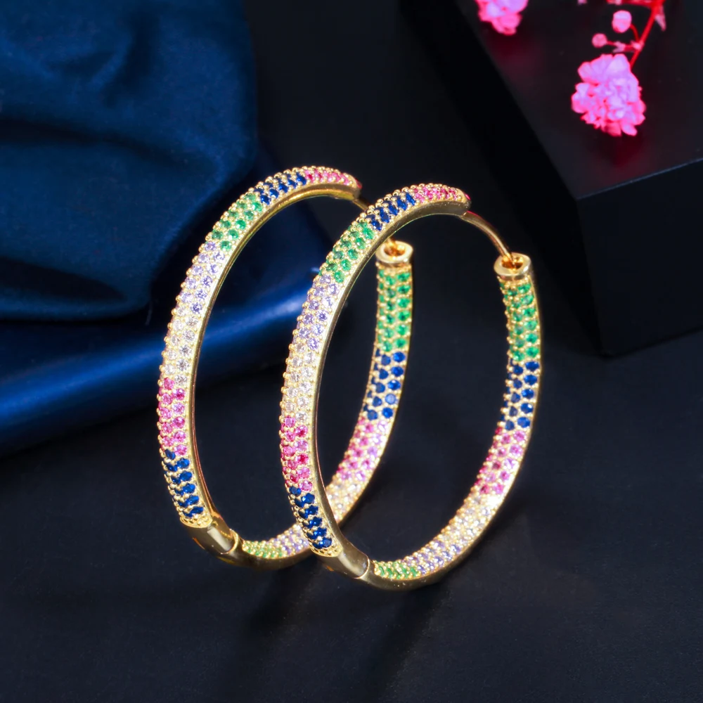 

ThreeGraces Fashion Multicolor Cubic Zirconia Gold Color Elegant Circle Round Hoop Earrings for Women Trendy Party Jewelry E1195