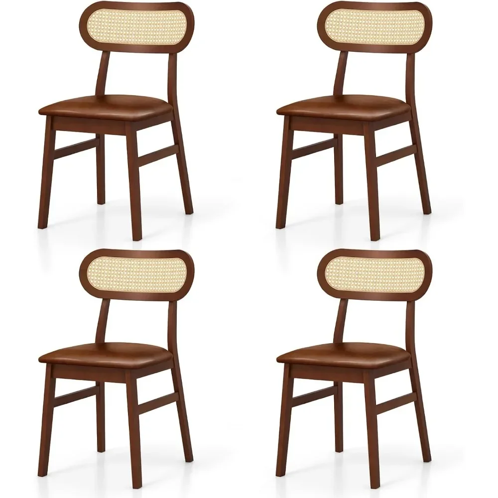 

Wooden Dining Chairs Set of 4, Mid-Century Modern Kitchen Chairs with Upholstered Seat & Rattan Backrest, Faux Leather Cover