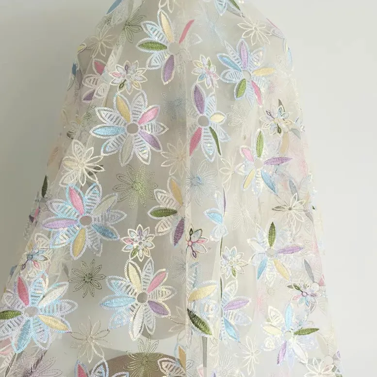 

1yard New soft mesh fabric Rainbow sunflower sequin embroidery telas Wedding Dress cheongsam matirial fabric for dress