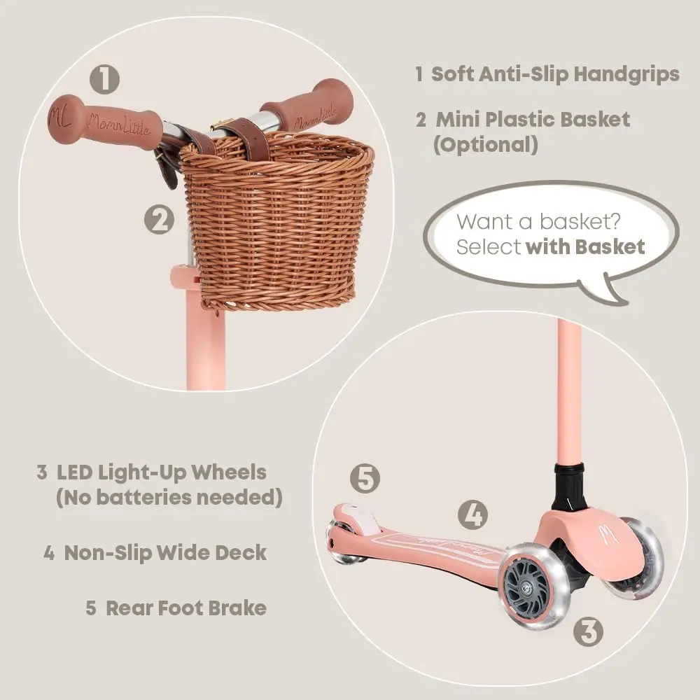 Hulajnoga dla dzieci w wieku 3-10 lat (beżowa/różowa/zielona/biała) 3-kołowa z kołami podświetlanymi LED Certyfikat CPSC Składana i 4 wysokości