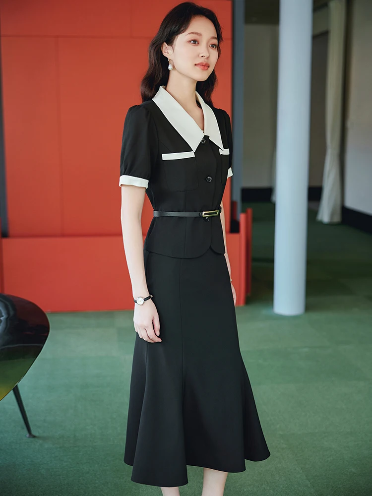 

Summer New Elegant 2 Piece Set Women Vintage Black Patchwork Blazer + High Waist Fishtail Skirt Korean Fashion Y2k Clothes Suit