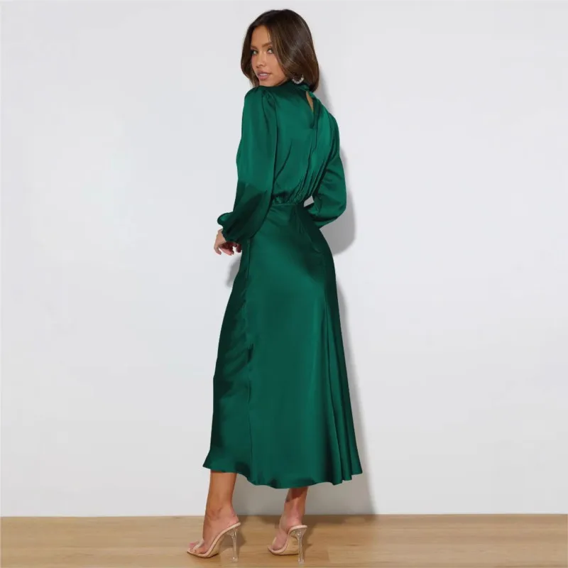 فستان أنيق من الساتان برقبة عالية وأزرار مجوفة وأكمام طويلة للربيع والخريف فستان سهرة للحفلات بمزاج أنيق للنساء #2