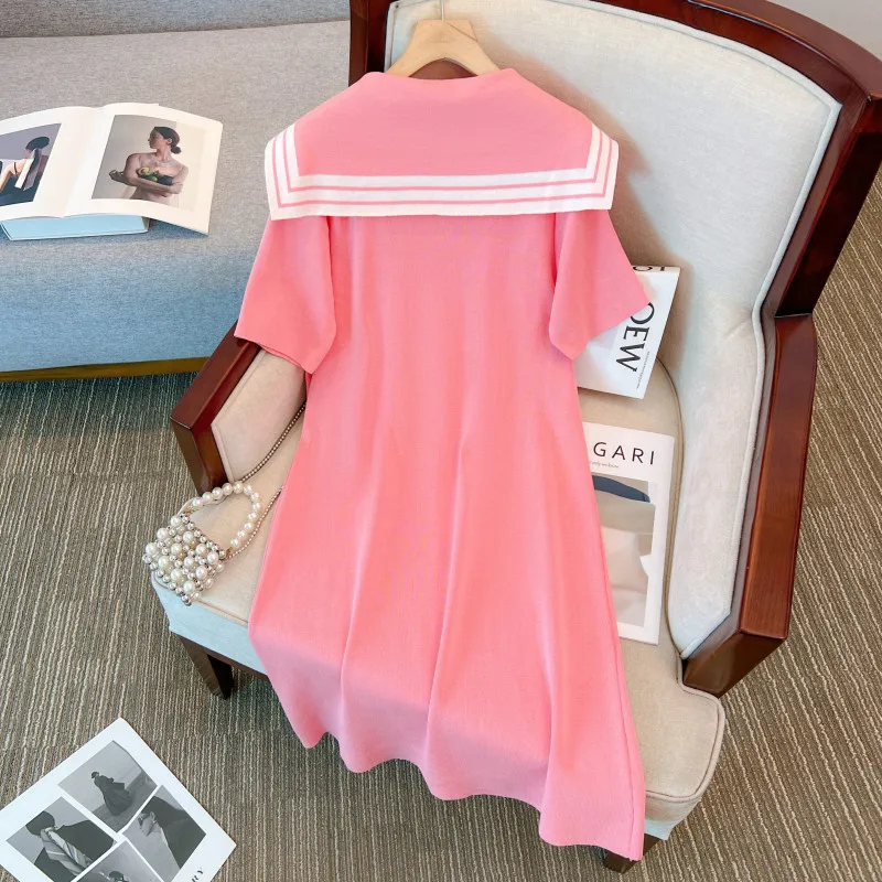 Stripe Knitted Dresses For Women Spring Summer Female Navy Collar Short Sleeve Large Size Elegant Mid-length Black Pink Vestido