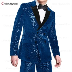 Shiny Men Suit Sets 2 Pieces Velvet Lapel Blazer Custom Fashion Sequin Fabric Outfits Wedding Party Groomsman Elegant Costumes