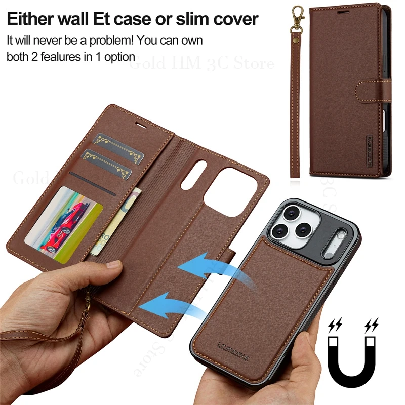 For iPhone 18 Pro Max Wrist Strap Leather Phone Case For Apple 17E 16 Plus 15 Pro Max Split Card Holder Wallet Shockproof Cover