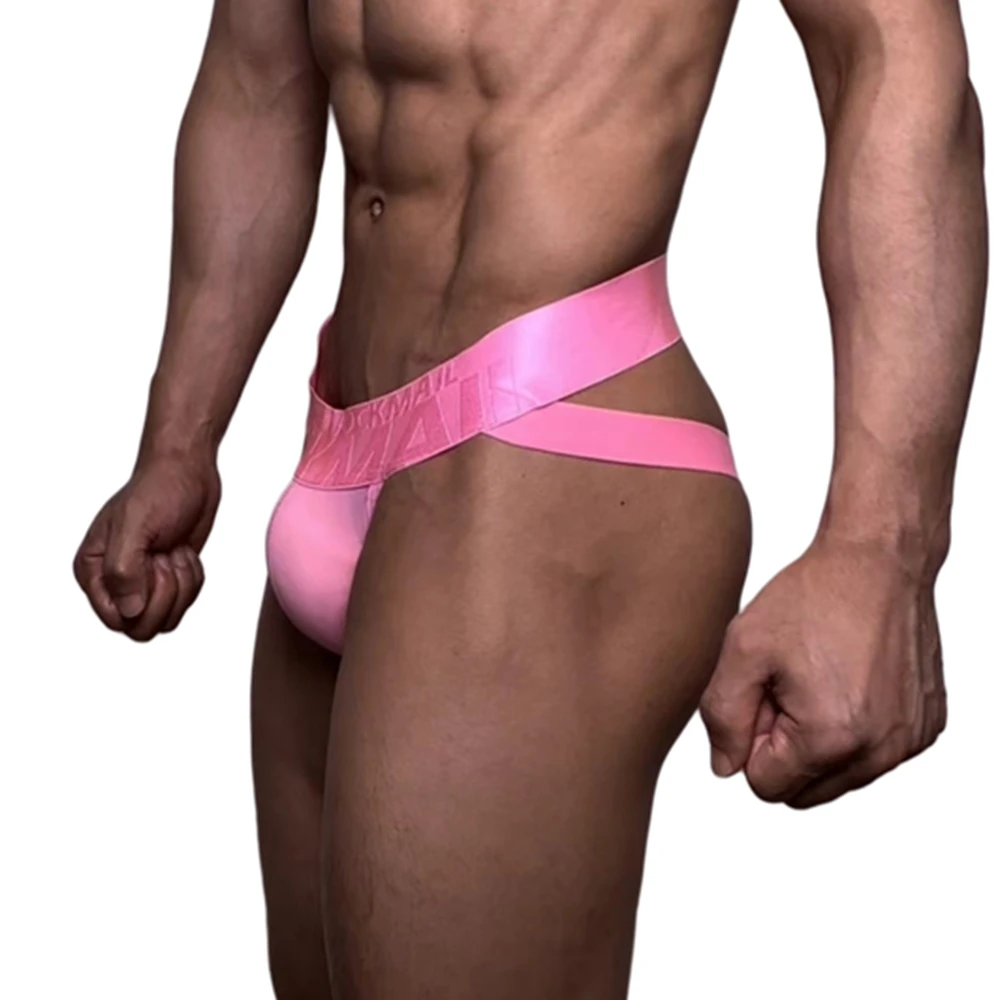 Jockmail Mens Thong Bikini Jockstrap Briefs Mens Panties Sexy Transparent Ice Silk Gay Underwear Sissy Calzoncillos Hombre Slip
