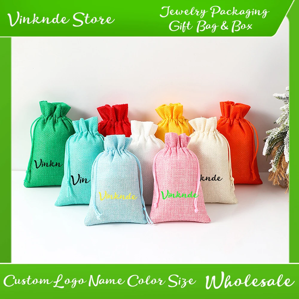 

Custom Logo 100Pcs Handmade Natural Burlap Linen Drawstring Gift Pouch Favor Travel Christmas Gift Jewelry Packaging