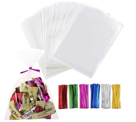 31x41cm Transparent clear BOPP Cellophane Bags for Bread Candy Chocolate Cello Treat Flat Bag Twist Ties for Gift