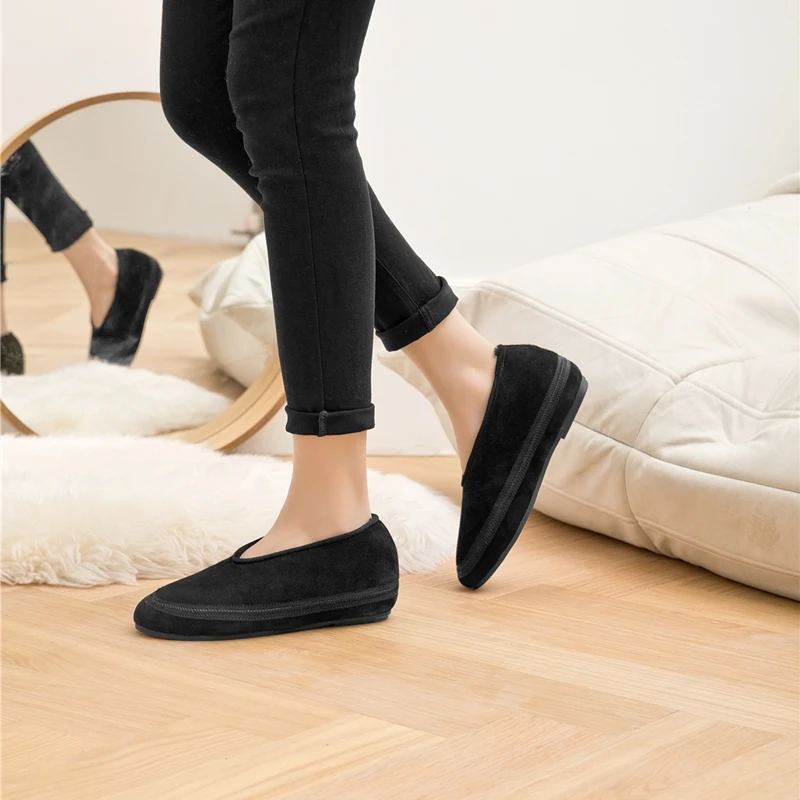 AIYUQI Winter Flache Schuhe Frauen 2025, Neue Pelz Futter Warme Frauen Schnee Schuhe Aus Echtem Leder Komfortable Weibliche Winter Ballett Schuhe – Detail 6
