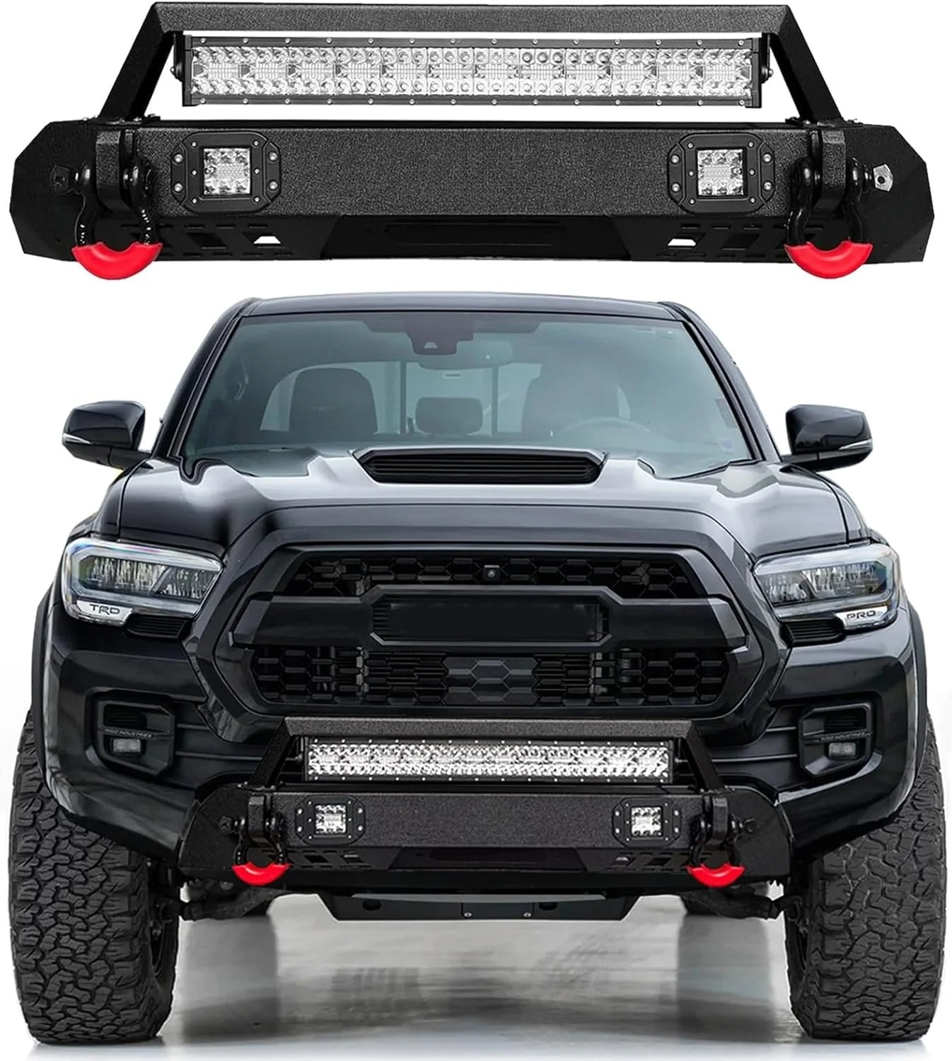 Stubby Offroad Front Bumper for 2016-2023 Toyota Tacoma 3rd Gen, Carbon Steel w/Winch Plate, LED Lights, D-rings & Skid Plate