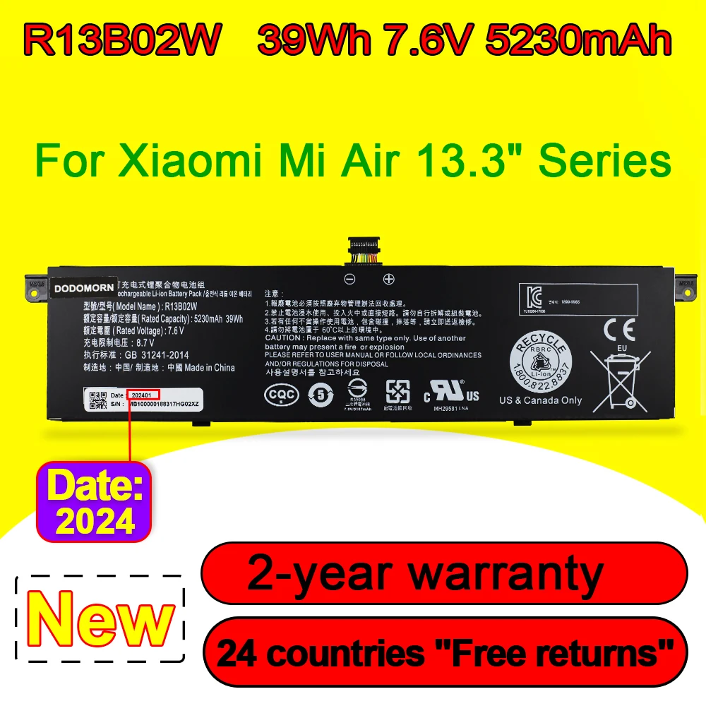 

R13B02W For Xiaomi Mi Air 13.3" Series Laptop Batteries R13B01W Rechargeable Battery 7.6V 39Wh 5230mAh In Stock High Quality