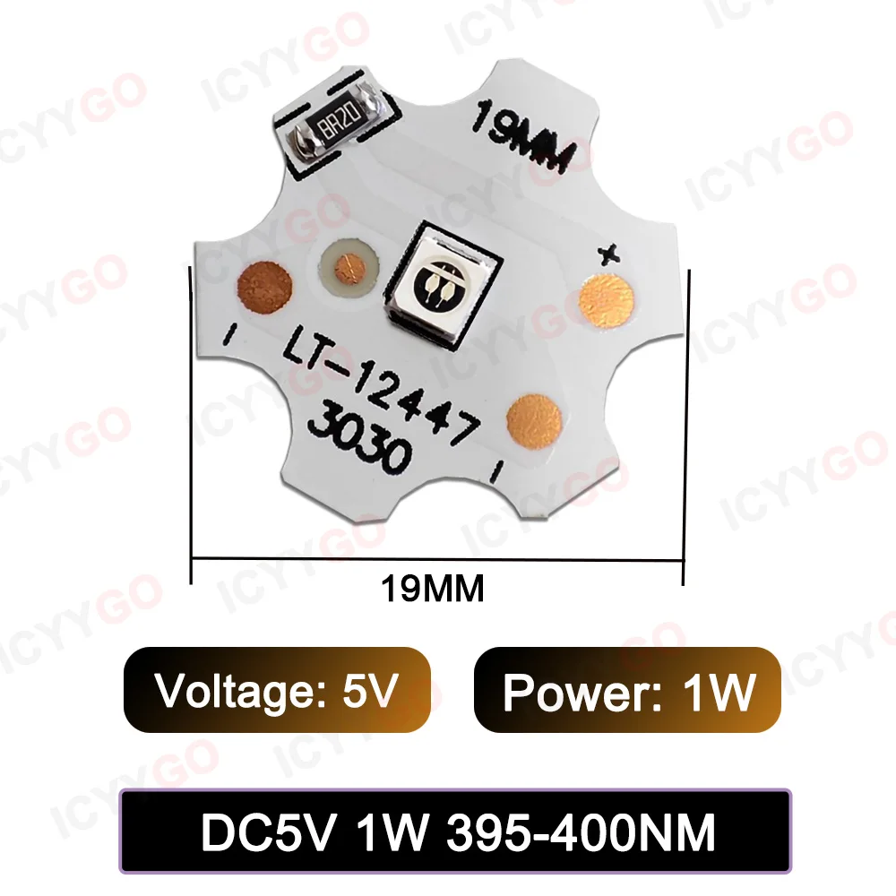 Imagem -03 - Cura Uva 395nm 5v 12v 24v Placa de Lâmpada Chip Baixa Tensão Led Contas de Lâmpada 19 mm Luz Branca Roxa Placa de Fonte de Luz Branca Quente 1w