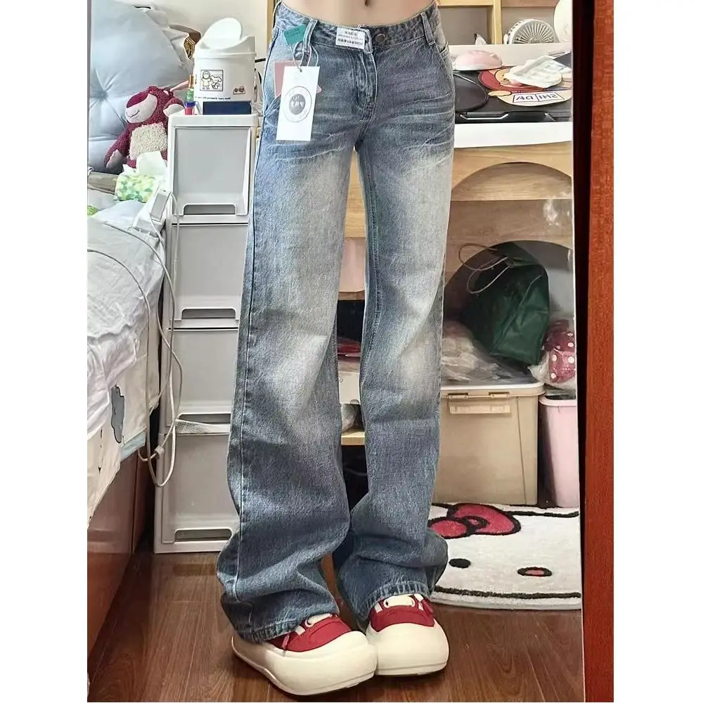 

Y2K потертые джинсы женские в американском стиле ретро треснутый дизайн с высокой талией для похудения свободные прямые брюки длиной до пола