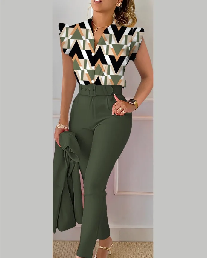 Causal Short Sleeve Shirt Pants Set Office Lady Fashion V Neck Floral Print Ruffles Trousers Two Piece Set Women Outfit 2023