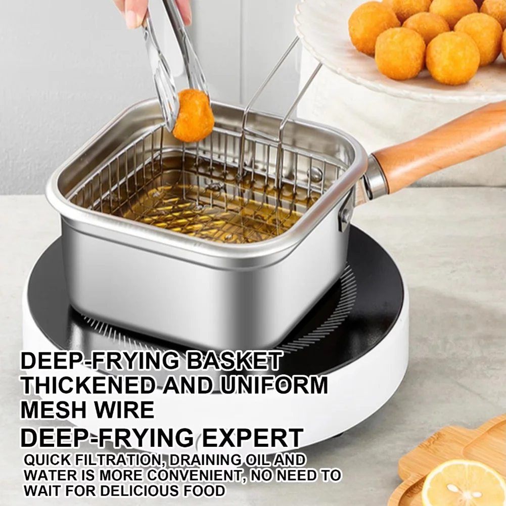 

A88E-Stainless Steel Square Oil-Saving Frying Pan Deep Fryer Pot With Basket Handle Versatile Lid For Kitchen