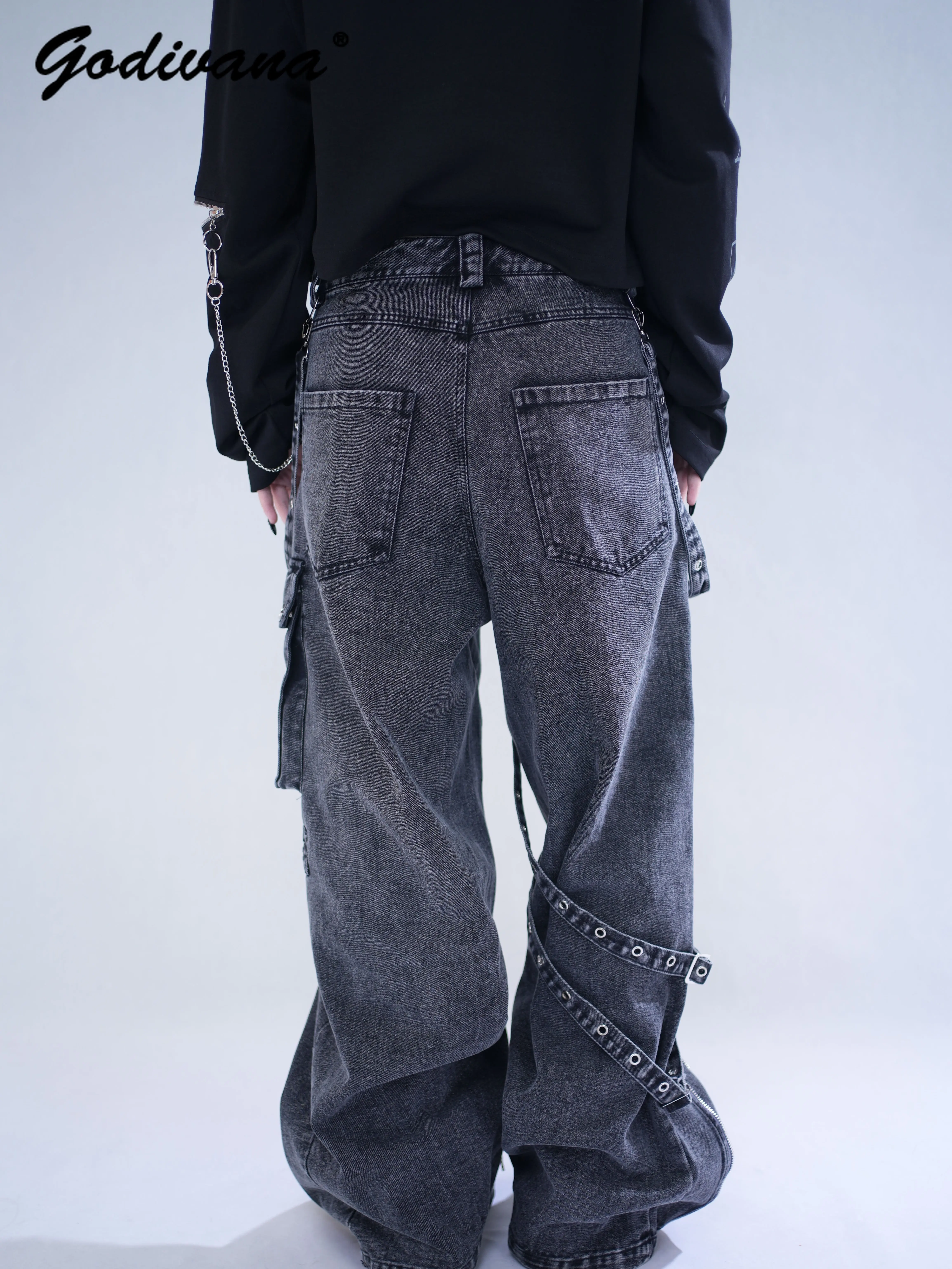 Original Japanese Style Streetwear Washed Denim Jeans with Embroidered Dark Gothic Sweet Cool Jeans Denim Trousers