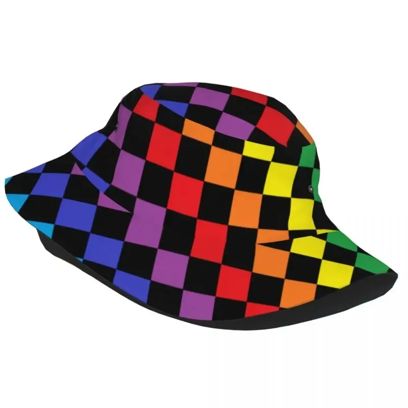 Fisherman Hats Checkered Bucket Hat Rainbow Black Hip Hop Fisherman Caps Soft Fold Vacation Sun Hats For Kids Korean Printed Cap