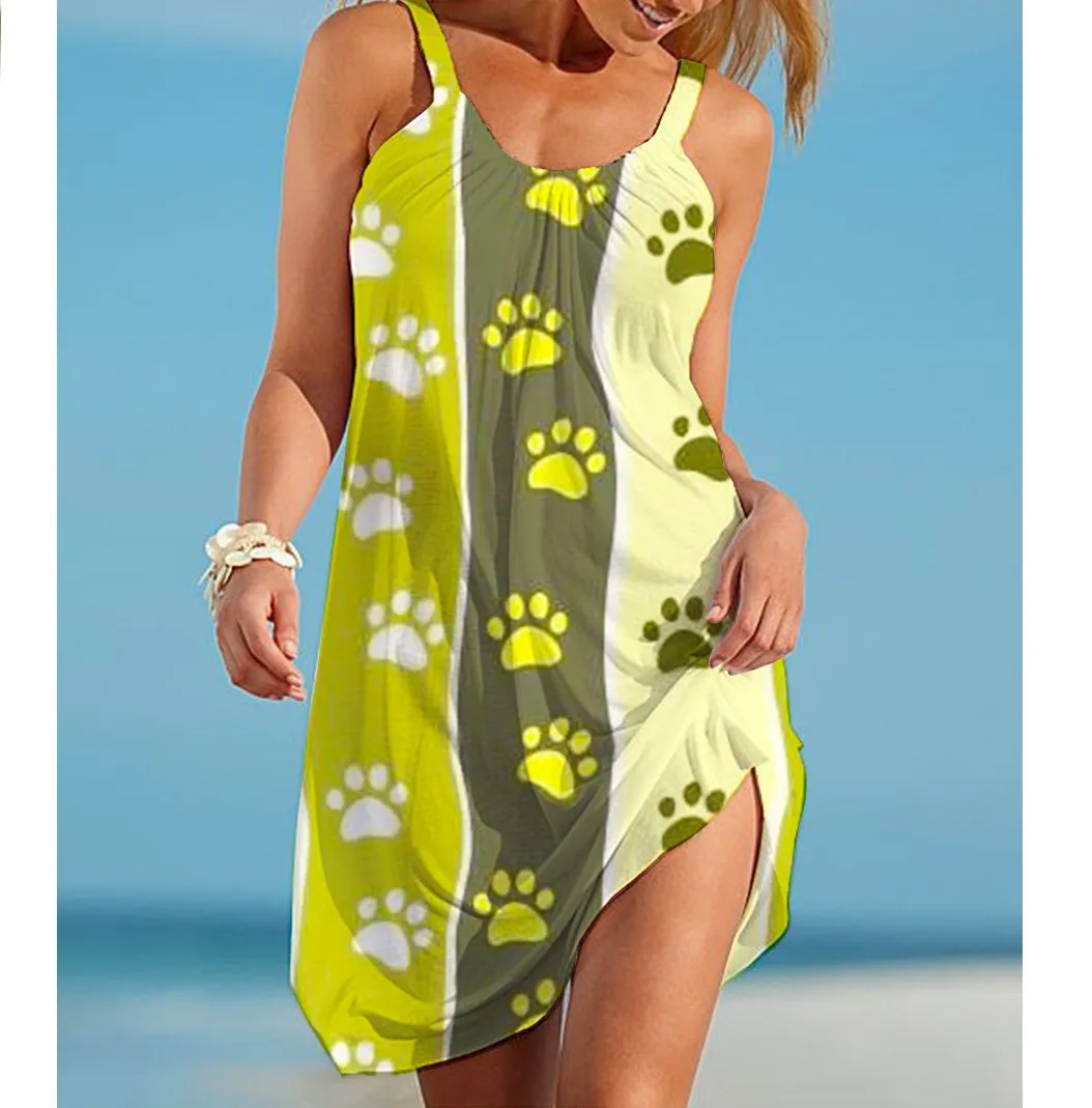 Sommer Hund Pfote Boho Strand Kleid 3D Druck Frauen Mode Ärmellose Kleider Hawaii Casual Vintage Beachwear Mädchen Sling Nacht Kleid