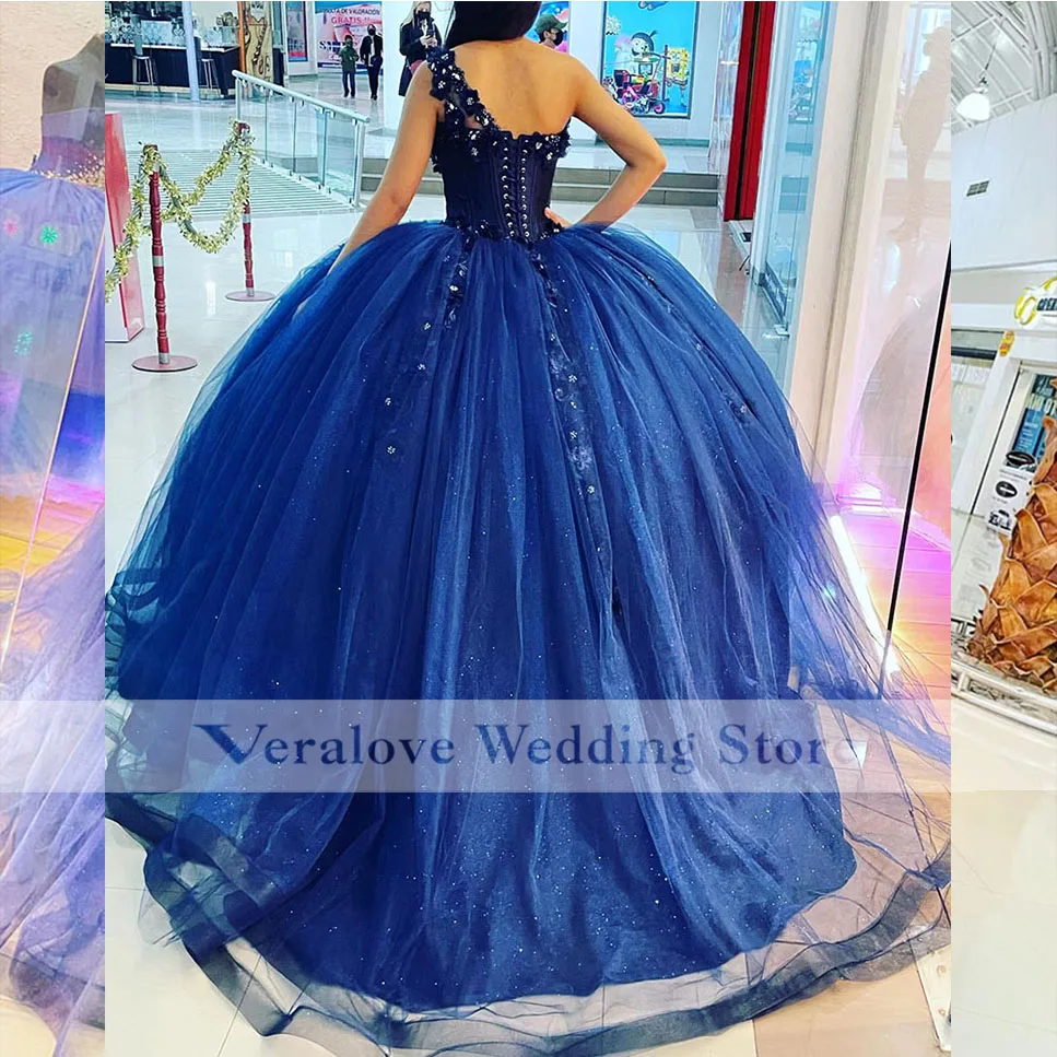 Vestido azul de Quinceañera de 15 años, traje de baile de graduación, con apliques de un hombro, personalizado