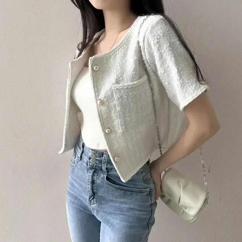 Kimotimo Tweed Jacket Women French Chic Short Sleeve Pearl Single Breasted Short Coat Summer Elegant All Match Slim Pockets Top