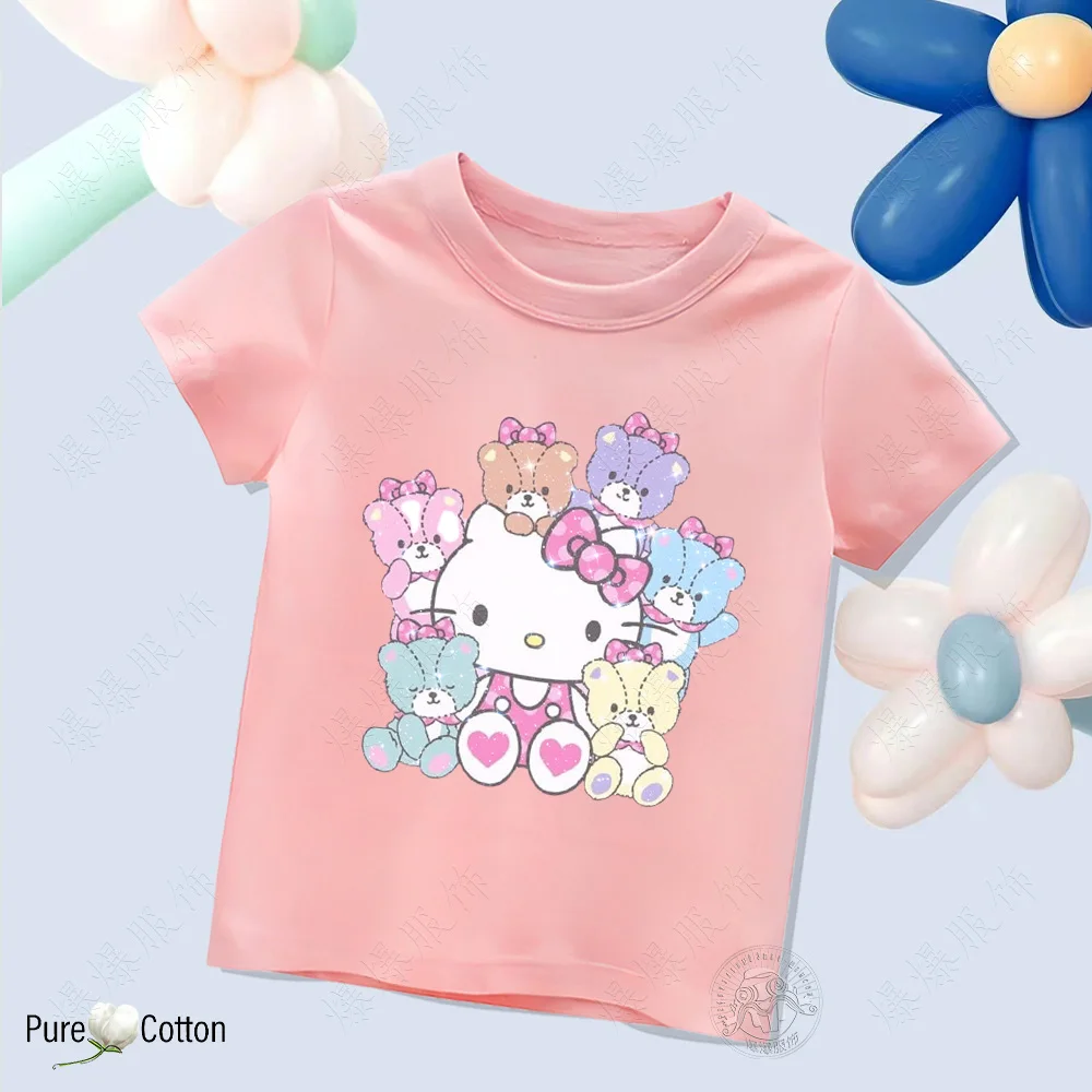 Sanrio Kids Summer Crew neck Short Sleeve T-shirt Hello Kitty printed cartoon girl holiday cotton short sleeve tops New style