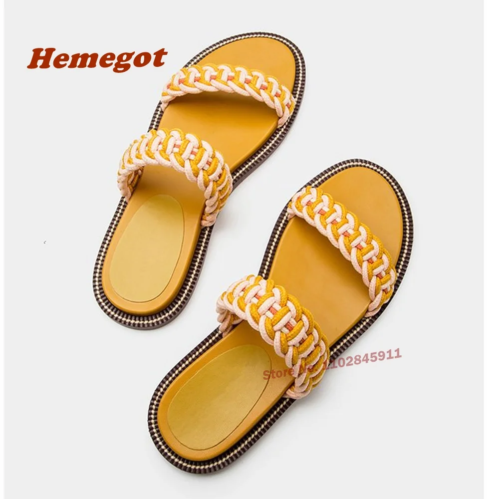 Woven Flat Slippers Bohemian Yellow Open Toe Fishbone Weaving Patchwork Women's Slippers Summer Outside 2024 New Casual Shoes