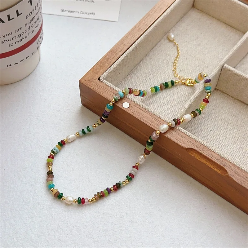 

Colorful Natural Stone Pearl Necklace, Bohemian Dopamine Beaded Choker with Freshwater Pearls for Women