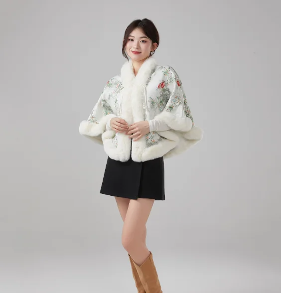 Poncho Thickened Flocking Shawl Chinese Style Flag Dress Cloak Warm Outerwear Premium Autumn Winter Fashionable Women's Woolen